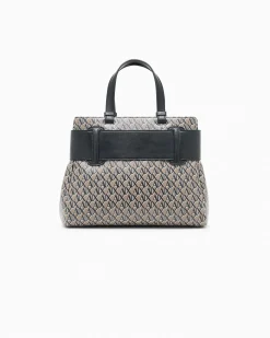 Borsa a mano Armani Exchange beige e nera con logo stampato all over