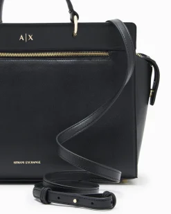 Borsa a mano Armani Exchange nera in similpelle liscia con tasca frontale e cerniera