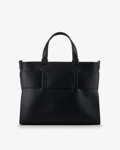 Borsa a mano in similpelle nera con maxi fibbia a specchio tono su tono con scritta logo
