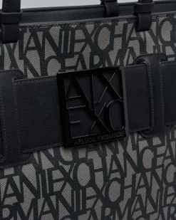 Borsa a mano nera misura piccola in similpelle con scritta gesso logo all over con maxi fibbia logo a specchio tono su tono