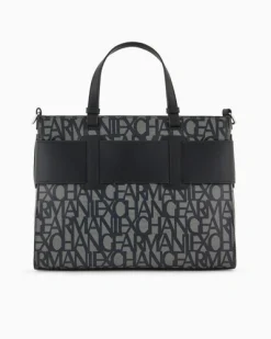 Borsa a mano nera misura grande in similpelle con scritta gesso logo all over con maxi fibbia logo a specchio tono su tono