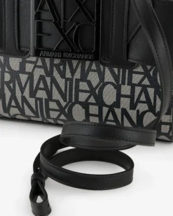 Borsa a mano nera misura piccola in similpelle con scritta gesso logo all over con maxi fibbia logo a specchio tono su tono