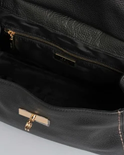 Borsa a mano nera Visonà in pelle martellata con manico in bambù e impunture a contrasto di colore