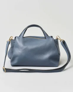 Borsa a mano piccola in pelle morbida effetto martellato color avio con tracolla più lunga rimovibile