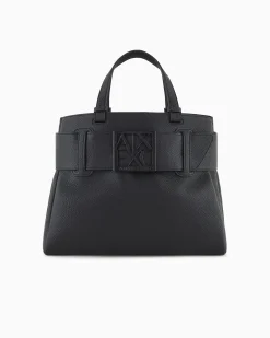 Borsa a mano piccola nera in similpelle martellata con maxi fibbia logo tono su tono