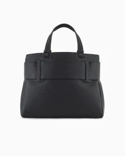 Borsa a mano piccola nera in similpelle martellata con maxi fibbia logo tono su tono
