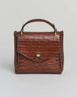 Borsa a mano VisonĆ misura media in pelle color ambra stampa cocco con patta di chiusura