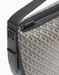 Borsa a spalla Armani Exchange nera con stampa logo all over e dettagli a contrasto