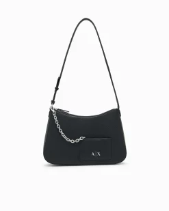 Borsa a spalla Armani Exchange nera in similpelle con portacarte frontale con catena e scritta logo