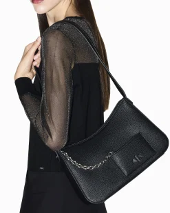 Borsa a spalla Armani Exchange nera in similpelle con portacarte frontale con catena e scritta logo