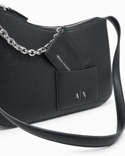 Borsa a spalla Armani Exchange nera in similpelle con portacarte frontale con catena e scritta logo