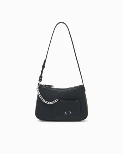 Borsa a spalla Armani Exchange nera misura piccola in similpelle con portacarte frontale con catena e scritta logo