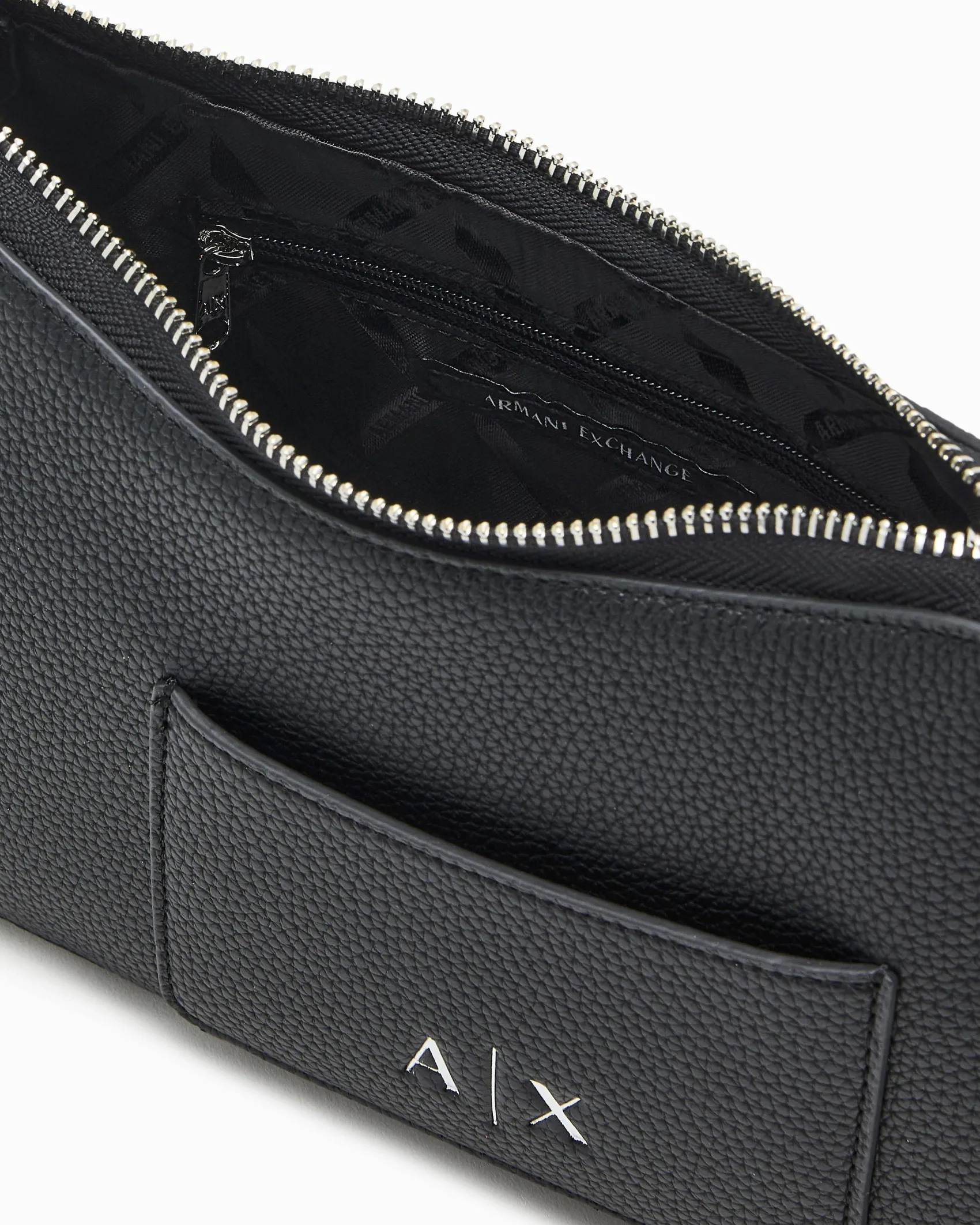 Borsa a spalla Armani Exchange nera misura piccola in similpelle con portacarte frontale con catena e scritta logo