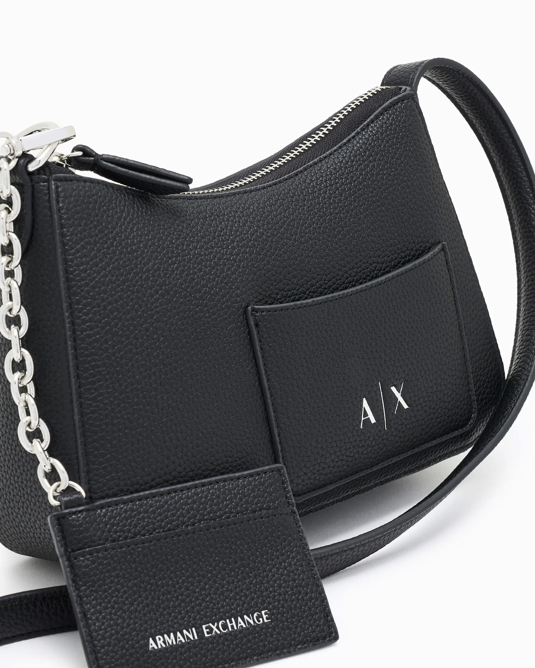 Borsa a spalla Armani Exchange nera misura piccola in similpelle con portacarte frontale con catena e scritta logo