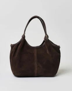 Borsa a spalla marrone in suede con cucitura frontale a vista