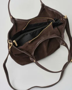 Borsa a spalla marrone in suede con cucitura frontale a vista