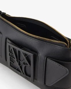 Borsa a spalla nera in similpelle con maxi fibbia logo in metallo in tono
