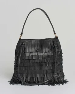 Borsa a spalla nera Visonà in pelle a frange applicate all over con doppio manico intrecciati