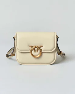 Borsa a tracolla bianca Pinko in pelle liscia imbottita con tracolla spessa e fibbia Love Birds dorata