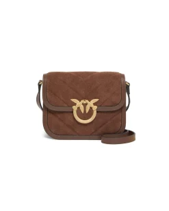 Borsa a tracolla marrone Pinko in suede con profili in pelle liscia e patta di chiusura con fibbia Love Birds dorata