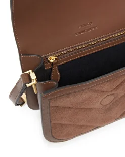 Borsa a tracolla marrone Pinko in suede con profili in pelle liscia e patta di chiusura con fibbia Love Birds dorata