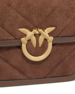 Borsa a tracolla marrone Pinko in suede con profili in pelle liscia e patta di chiusura con fibbia Love Birds dorata