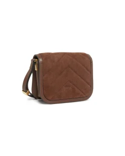 Borsa a tracolla marrone Pinko in suede con profili in pelle liscia e patta di chiusura con fibbia Love Birds dorata