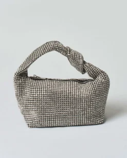 Borsa Anna Cecere in maglia di strass color argento con nodo sul manico