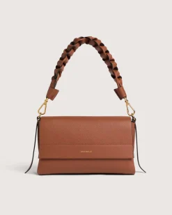Borsa color cognac Boheme Grana Double Small con patta e manico intrecciato