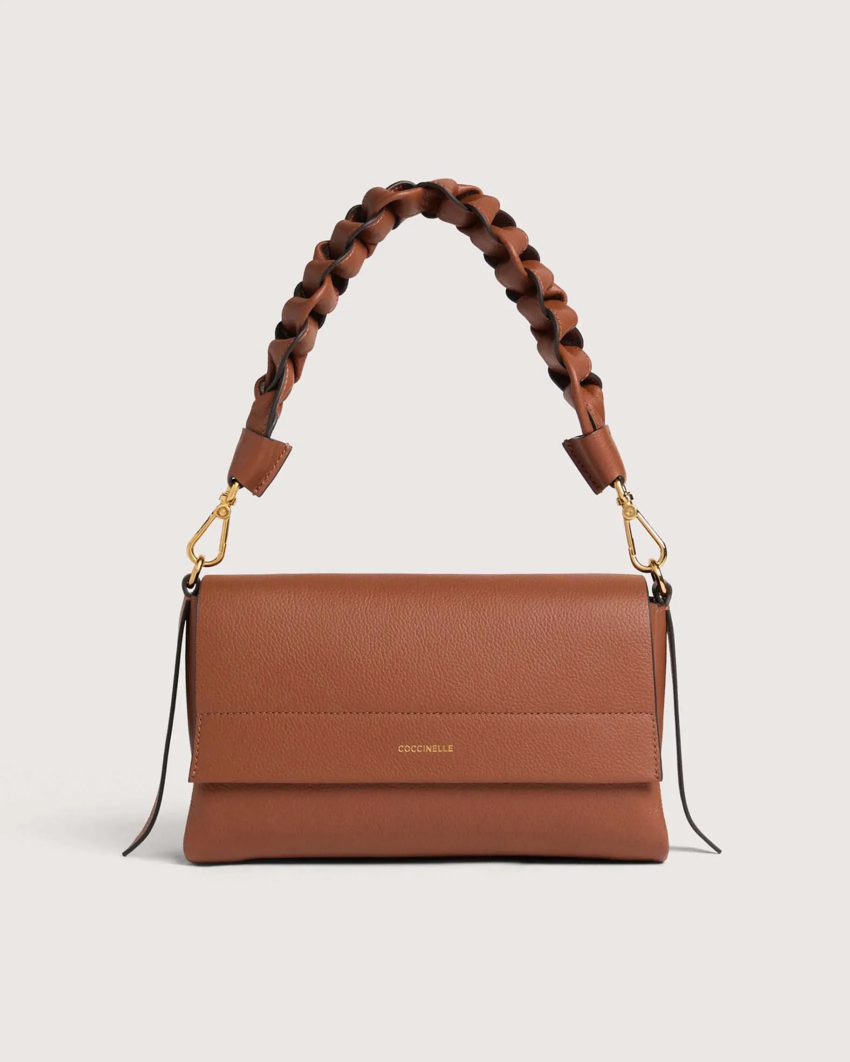 Borsa color cognac Boheme Grana Double Small con patta e manico intrecciato