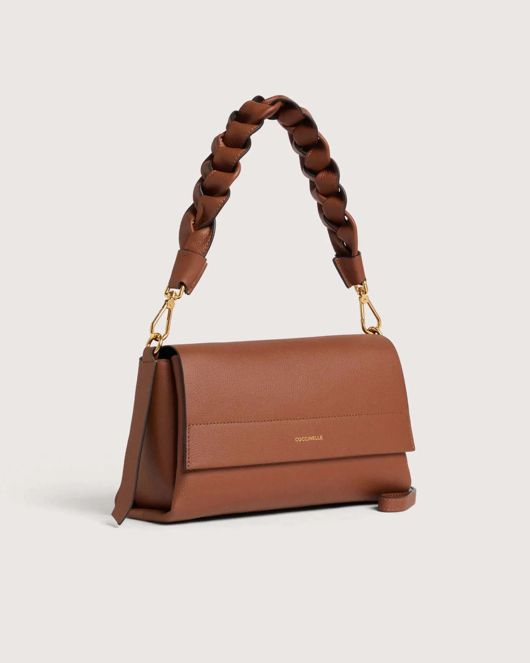 Borsa color cognac Boheme Grana Double Small con patta e manico intrecciato