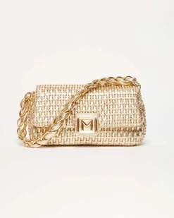 Borsa Emily color oro Marella in similpelle intrecciata effetto laminato con catena a intreccio e patta con fibbia logo abbinata