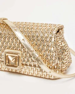 Borsa Emily color oro Marella in similpelle intrecciata effetto laminato con catena a intreccio e patta con fibbia logo abbinata