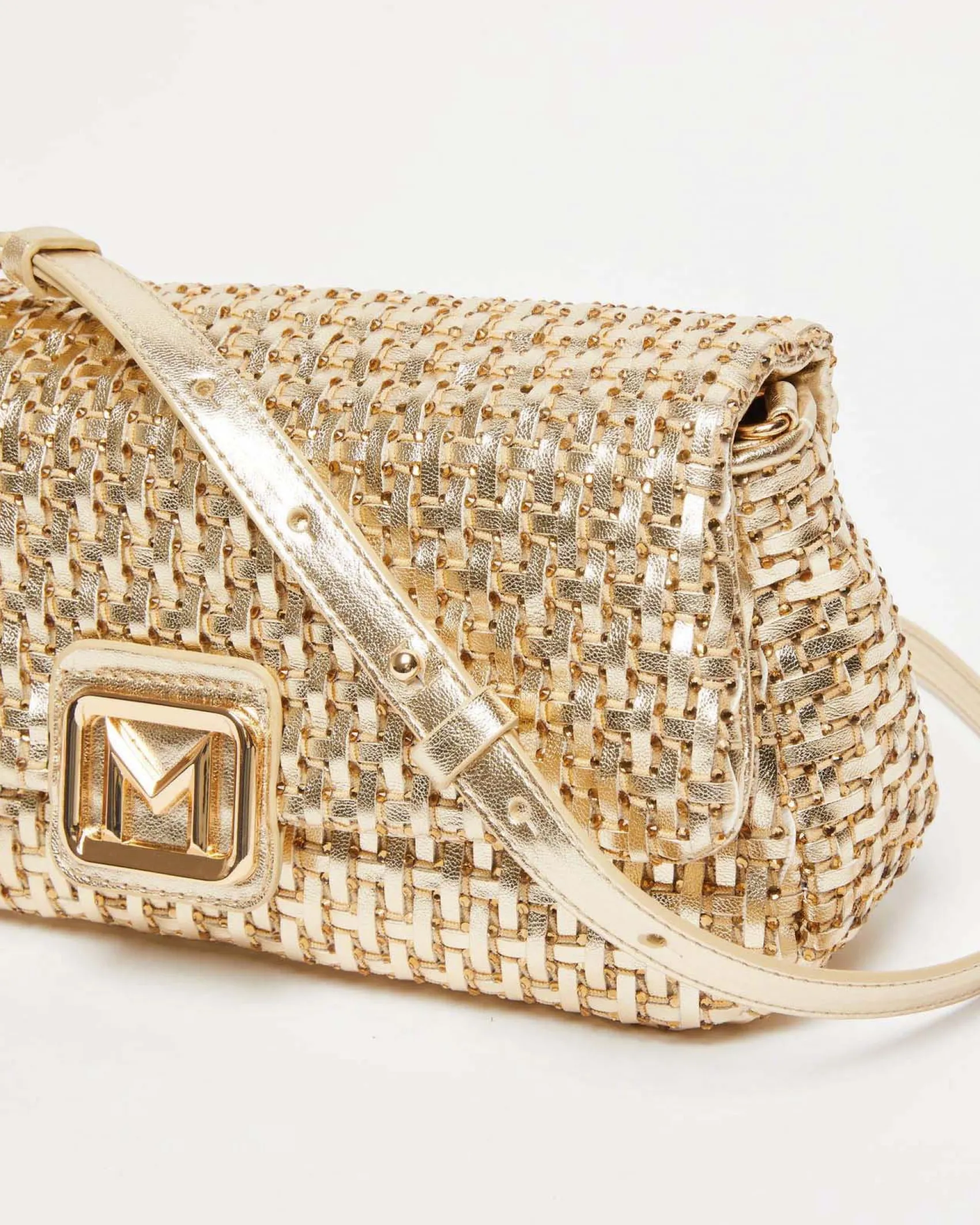 Borsa Emily color oro Marella in similpelle intrecciata effetto laminato con catena a intreccio e patta con fibbia logo abbinata