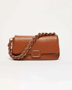 Borsa Emily Marella color cuoio in similpelle liscia con catena a intreccio e patta con fibbia logo smaltata