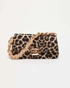 Borsa Emily Marella in tessuto a fantasia animalier con catena a intreccio e patta con fibbia logo dorata
