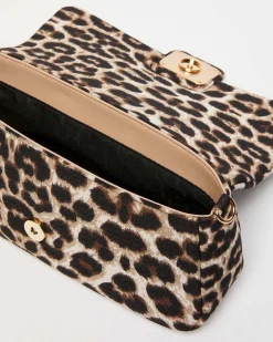 Borsa Emily Marella in tessuto a fantasia animalier con catena a intreccio e patta con fibbia logo dorata