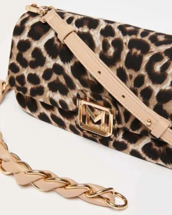 Borsa Emily Marella in tessuto a fantasia animalier con catena a intreccio e patta con fibbia logo dorata