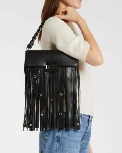 Borsa Emily Marella nera in similpelle con frange borchie in metallo applicate sulla patta di chiusura con fibbia smaltata tono su tono