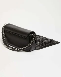 Borsa Emily Marella nera in similpelle con frange borchie in metallo applicate sulla patta di chiusura con fibbia smaltata tono su tono