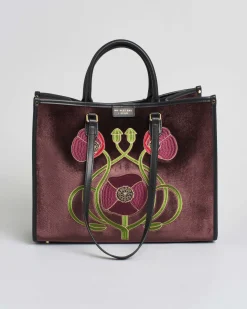 Borsa grande bordeaux My Best Bag in tessuto semilucido con ricami floreali bordeaux fronte e retro