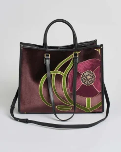 Borsa grande bordeaux My Best Bag in tessuto semilucido con ricami floreali bordeaux fronte e retro