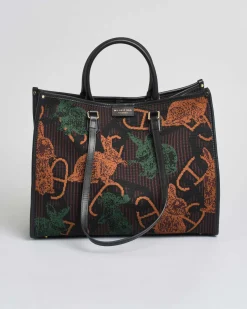 Borsa grande My Best bag a righe marroni e nere in tessuto intrecciato con conigli jacquard verdi e arancioni