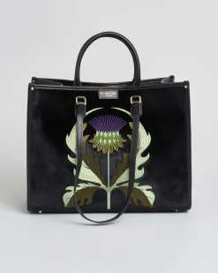 Borsa grande nera My Best Bag in tessuto semilucido con ricami floreali viola e verdi fronte e retro