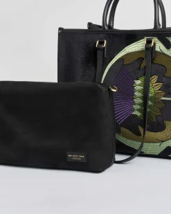 Borsa grande nera My Best Bag in tessuto semilucido con ricami floreali viola e verdi fronte e retro