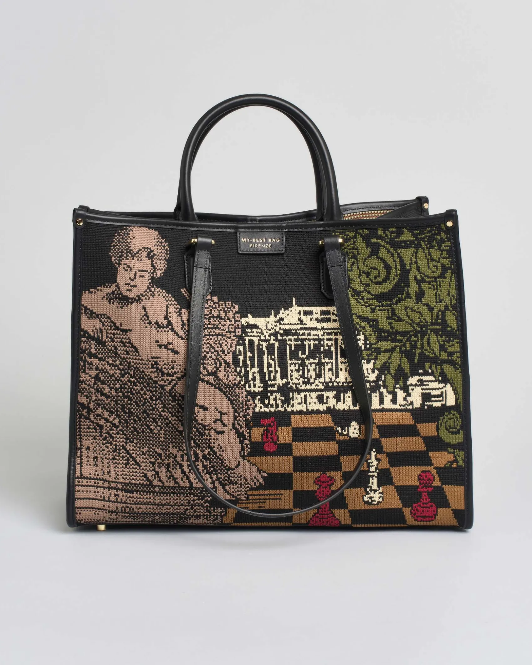 Borsa grande nera My Best bag a motivo jacquard a contrasto Versailles