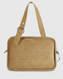 Borsa (IM)PERFECTION color cuoio in suede Patrizia Pele con scritta logo a rilievo e manici regolabili