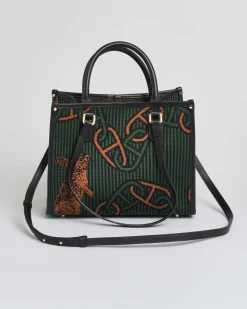 Borsa media My Best bag a righe nere e verdi in tessuto intrecciato con motivo a catena e conigli a contrasto