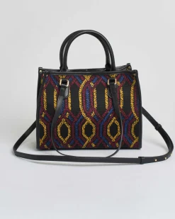 Borsa media My Best bag nera in tessuto intrecciato a motivo jacquard geometrico rosso e blu