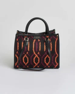 Borsa media My Best bag nera in tessuto intrecciato a motivo jacquard geometrico bordeaux e arancione